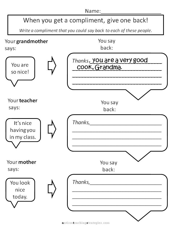 Helping Kids With Asperger S To Give Compliments Worksheets For Social Skills Teaching Autismteachingstrategies Com