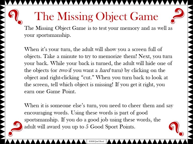 Missing Objects Social Skills Game to teach sportsmanship, teletherapy version ...